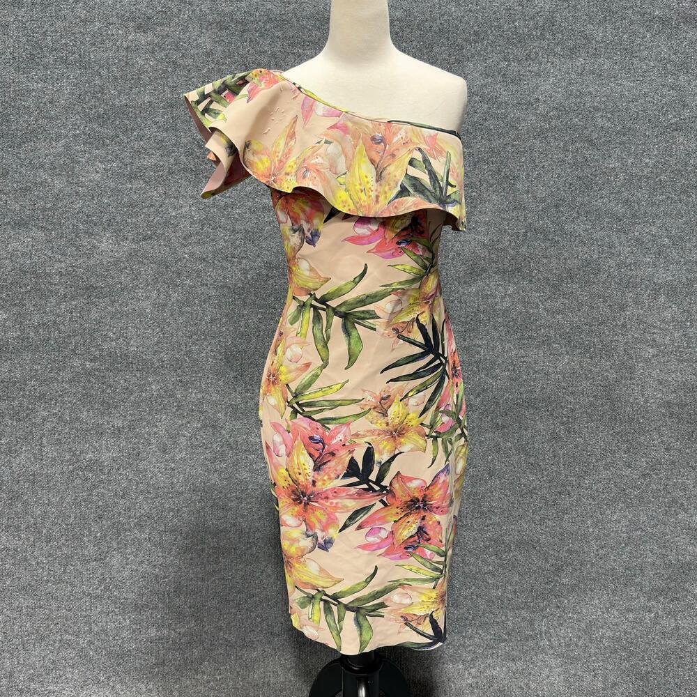 Chiara Boni Dress Womens XS Multicolor Floral One Shoulder Ruffle Bodycon Pencil